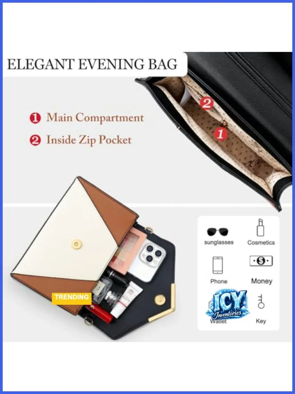 Faux Leather Evening Clutch with Detachable Chain Strap, Envelope Foldover Bag